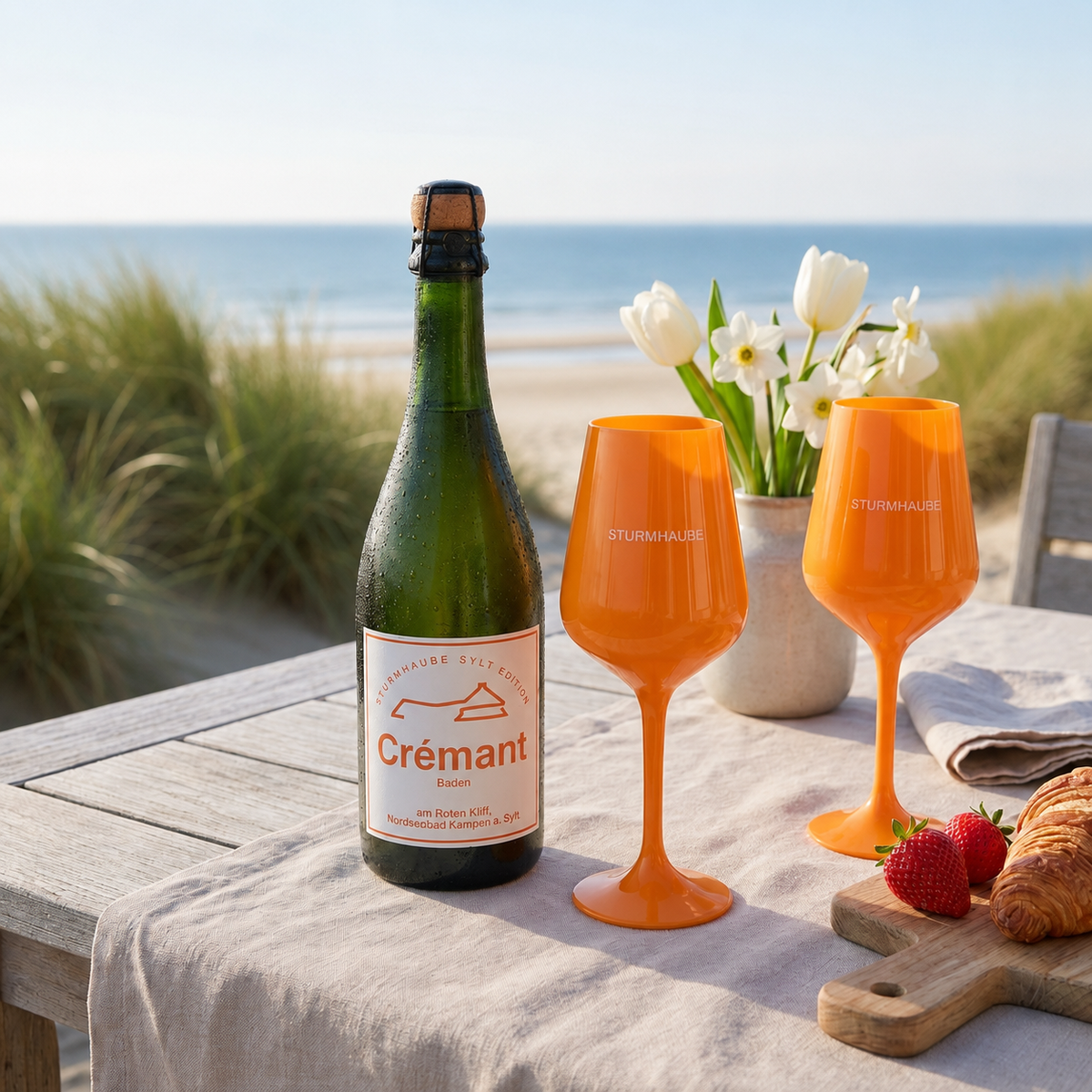 Eine gekühlte Flasche Sturmhaube Crémant steht zusammen mit zwei orangefarbenen Sturmhaube-Weingläsern auf einem Holztisch am Strand von Sylt. Im Hintergrund sorgen sommerliche Dünengräser, das Meer und weiße Blumen für eine entspannte Küstenatmosphäre. Auf einem Holzbrett liegen Croissants und frische Erdbeeren.