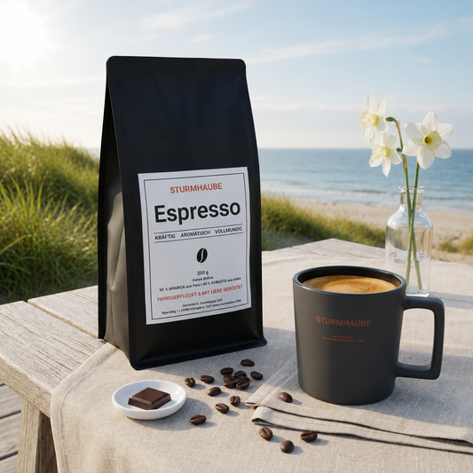 Schwarze STURMHAUBE Espresso-Packung neben einer Tasse Espresso mit cremiger Crema auf einem hellen Holztisch am Strand. Kaffeebohnen, ein Stück dunkle Schokolade und weiße Narzissen ergänzen die sommerliche Küstenszene mit grünen Dünen und Blick auf das Meer.