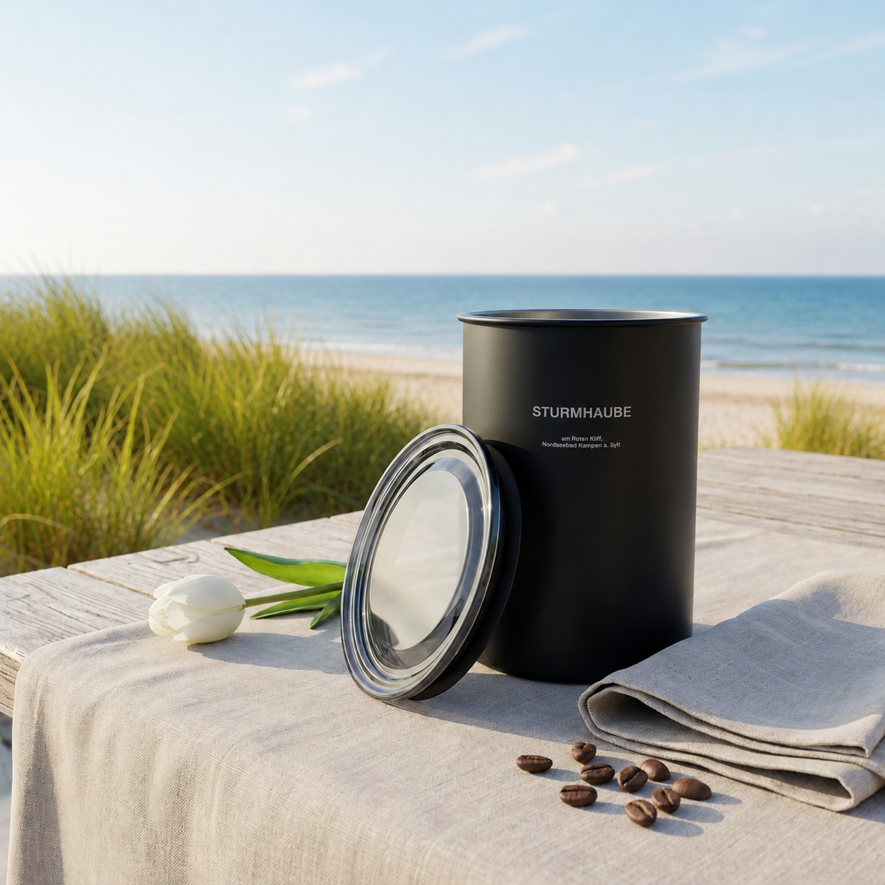 Eine schwarze Sturmhaube Aromadose mit geöffnetem Deckel steht auf einem mit Leinen gedeckten Holztisch am Strand von Sylt. Daneben liegen Kaffeebohnen, eine weiße Tulpe und eine gefaltete Stoffserviette. Im sommerlichen Hintergrund sind grüne Dünengräser, der Sandstrand und die Nordsee zu sehen.Eine schwarze Sturmhaube Aromadose mit geöffnetem Deckel steht auf einem mit Leinen gedeckten Holztisch am Strand von Sylt. Daneben liegen Kaffeebohnen, eine weiße Tulpe und eine gefaltete Stoffserviette. Im sommerl