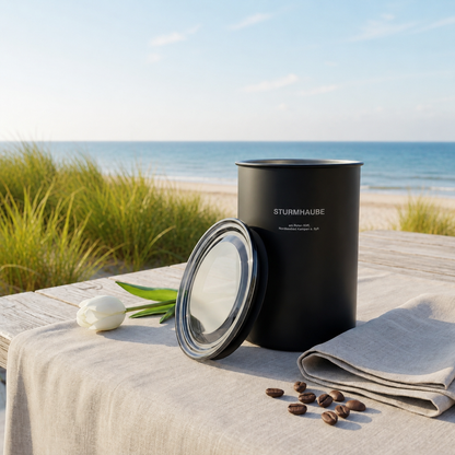 Eine schwarze Sturmhaube Aromadose mit geöffnetem Deckel steht auf einem mit Leinen gedeckten Holztisch am Strand von Sylt. Daneben liegen Kaffeebohnen, eine weiße Tulpe und eine gefaltete Stoffserviette. Im sommerlichen Hintergrund sind grüne Dünengräser, der Sandstrand und die Nordsee zu sehen.Eine schwarze Sturmhaube Aromadose mit geöffnetem Deckel steht auf einem mit Leinen gedeckten Holztisch am Strand von Sylt. Daneben liegen Kaffeebohnen, eine weiße Tulpe und eine gefaltete Stoffserviette. Im sommerl